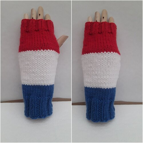 Mitaines, gants sans doigts, laine,  ouverture pouce , drapeau francais, france, 3 couleurs, bleu, blanc , rouge, 21 cm, unisexe , adulte