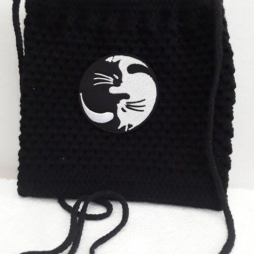 Crochet sac coton noir , sac épaule, coton noir , patch chat ying yang blanc noir ,  sac 20cm, crocheter, doublé, poche , tirette