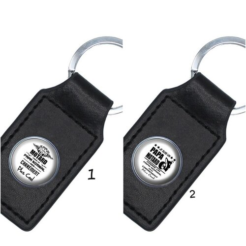 Porte  clés cuir noir , rectangulaire , cuir , noir , papa , motard , bouton pression , verre
