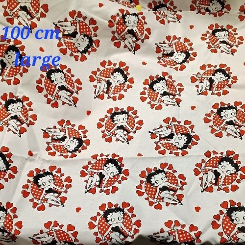 Tissu coton blanc , betty boop , avec coeurs rouges , 50 cm / 90 cm