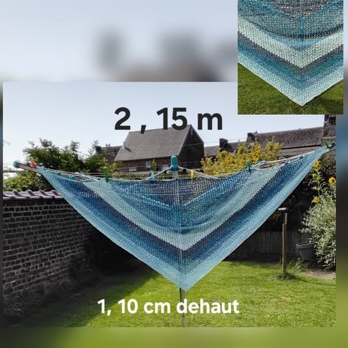 Châle , cache épaule , chèche coton , dégradé de bleu , 215 / 110cm