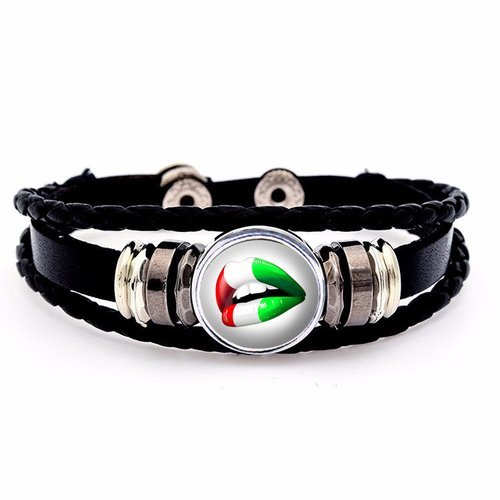 Bracelet cuir noir boutons pressions bouche , drapeau italien , italie, lèvres