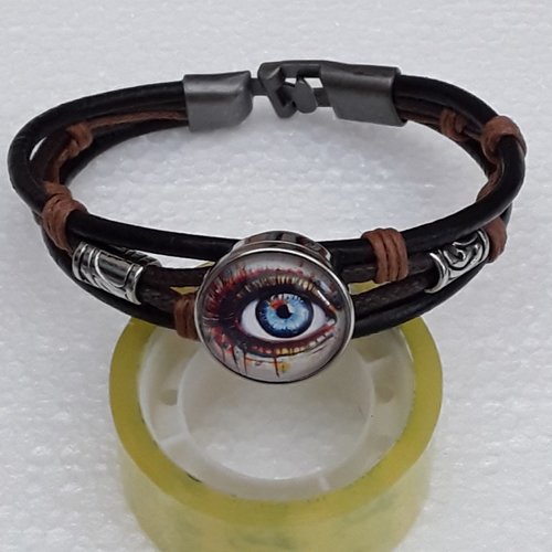 Bracelet cuir noir et brun , 20cm, oeil coloré bouton pression 18mm