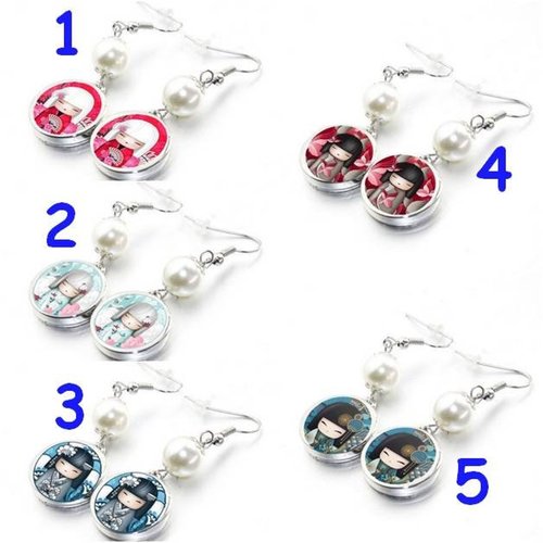 Boucles d oreilles , pendantes , crochets , perles blanches , kimidoll , dames japonaises
