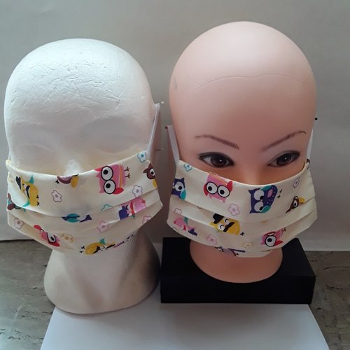 Masque , visage, faciale , protection , 3 plis , coton, filtre , élastiques , hiboux , jaune, et colorés  ( prix pour 1 masque,