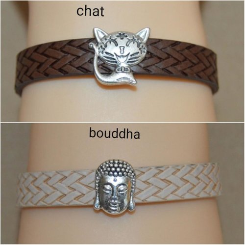 1, bracelet , chat , bouddha , cordon , simili cuir , plat , brun , ou , beige, passant , plat , 15 cm + chaine ajustable
