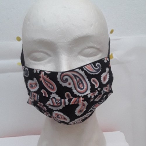 Masque  visage faciale , protection , 3 plis , coton, filtre , élastiques , noirs cachemires oranges