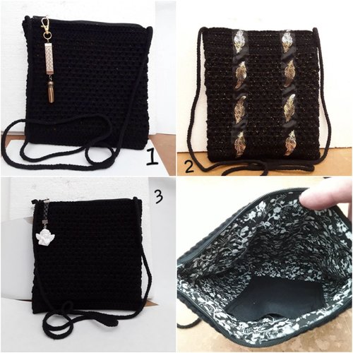 1 sac épaule granny noir , crochet , coton noir , 20 cm, breloque