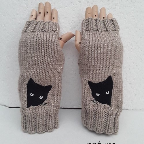Mitaines beige  chats noirs , 21 cm , gants sans doigts , acrylique et lurex