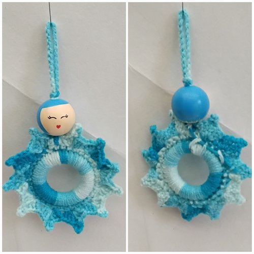 Porte clés , bijoux de sac , suspension anneau bois 4 cm ,  coton doux tête en bois bleu , 25 mm , 9 cm de haut + suspension