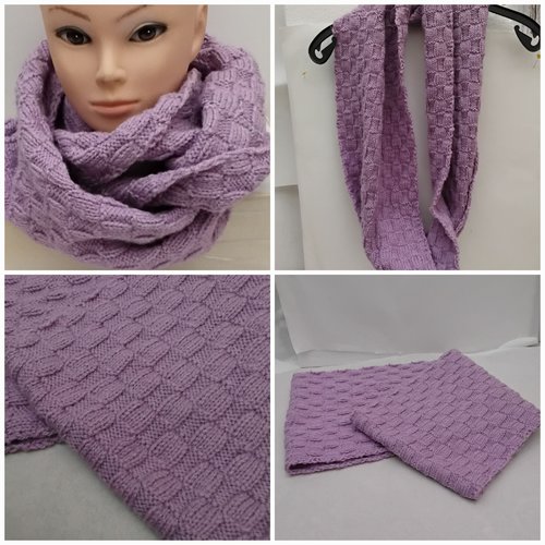 Écharpe acrilique , lilas , tricot mains , 128 /26 cm , enroulé 2 x  autour du cou