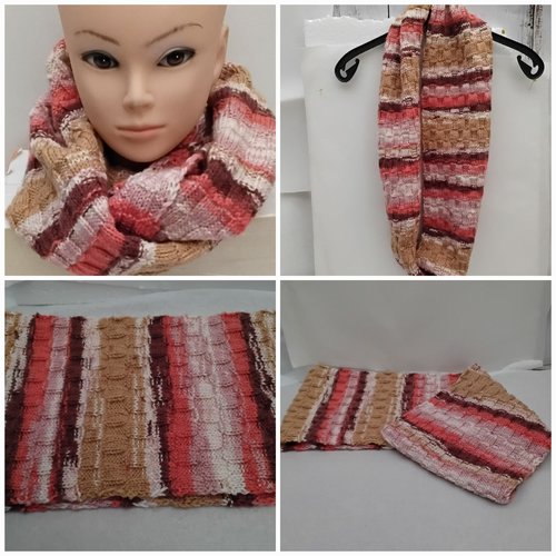 Tour de cou acrylique , écharpe tricot mains , saumon beige brun , 126 /24 cm