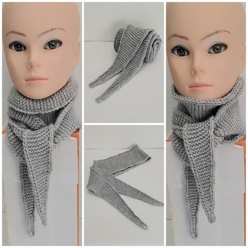 Mini écharpe , tricot mains, grise , foular de cou , 130 /11 cm