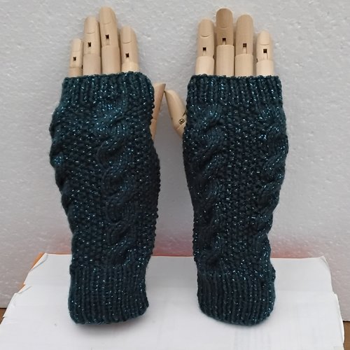 Mitaines bleu scintillant , tricot , 20 cm , gants sans doigts ouverture pouce