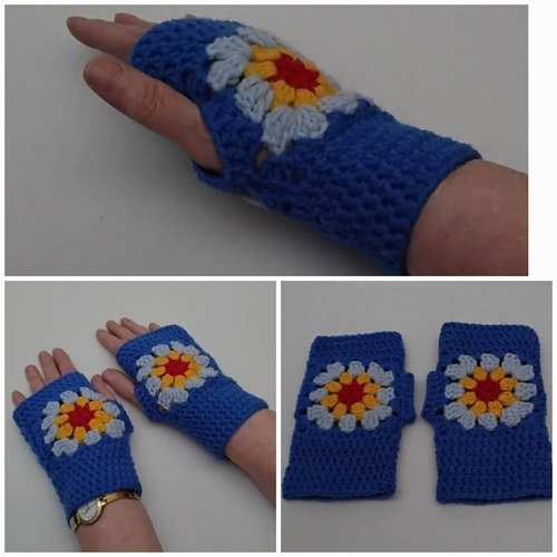 Mitaines , 17 cm ,  granny bleu , gants sans doigts  , granny rouge jaune bleu ciel