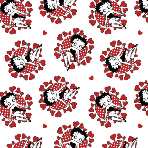 Tissu coton blanc , betty boop , avec coeurs rouges , 50 cm / 85 cm