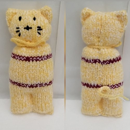 Doudou chat , jaune chiné rayures bordeaux , 19 / 8 cm , tricot mains , rembourrer