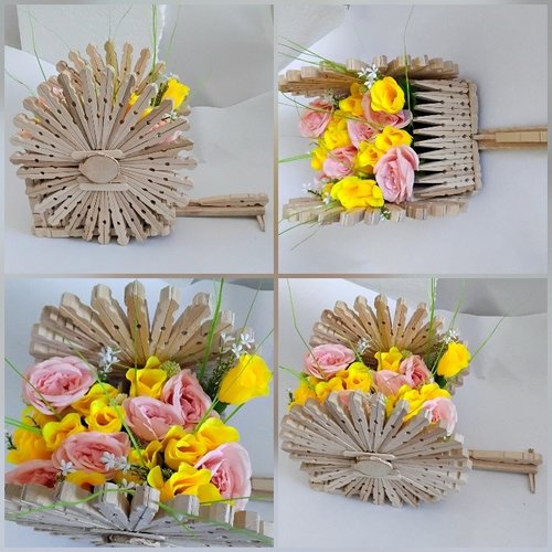 Décoration , chariot en bois vernis , fleurs en tissu , 24 cm haut / 38 cm large , fait mains