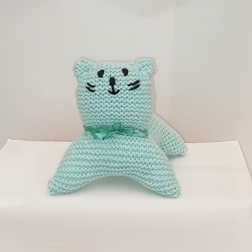 Chat , petit chat tricot , vert eau , acrylique , rembourrer, 15 cm