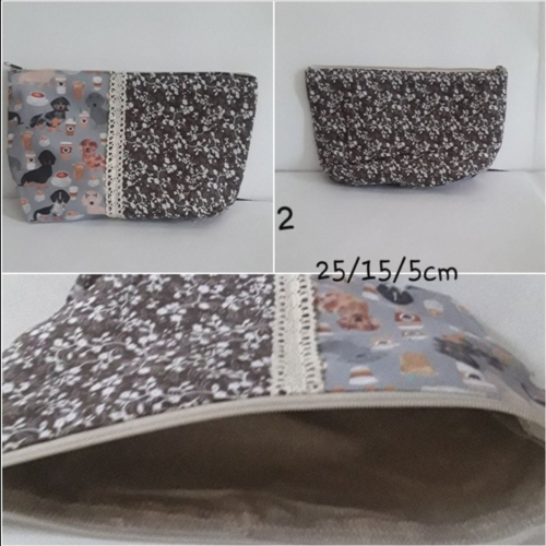 Trousse coton ,  teckels , dentelle , doublée, tirette , 25/15/5cm