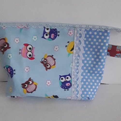 Trousse de toilette hiboux , coton bleus , doublé triette dentelle , lichette , 22 / 14/5 cm