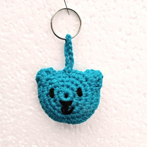 Porte clés , bijoux de sac , tête animal , bleu  , rembourrer , crocheter coton , +-5 cm + anneau métallique
