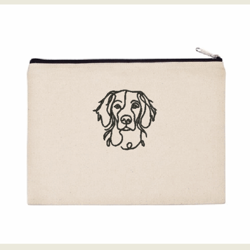 Trousse canvas beige , tirette noire , non doublée 27/20cm , tête épagneul breton brodé noir