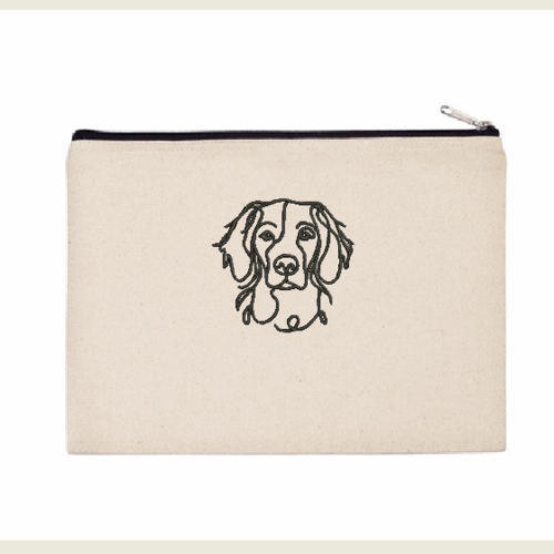 Trousse canvas beige , tirette noire , non doublée 27/20cm , tête épagneul breton brodé noir