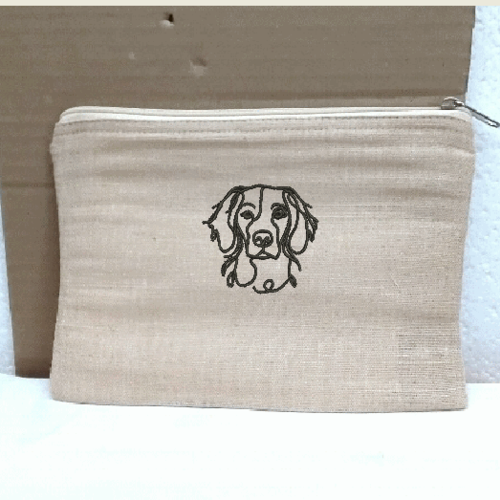Trousse  épagneul , tête noire ,en toile de jute et coton  , non doublée,  21.5 cm /15.5 cm,