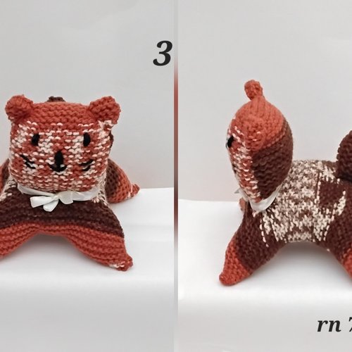 Chat  petit chat , tricot , beige , brun, acrylique , rembourré 15 cm