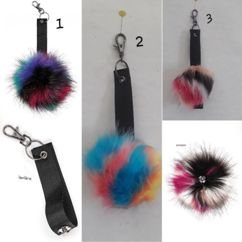 Porte clés pompon coloré  fausse fourrure , 20 cm longueur totale / 10 cm pompon ,1 porte clés au choix envoyer le no lors de la commande