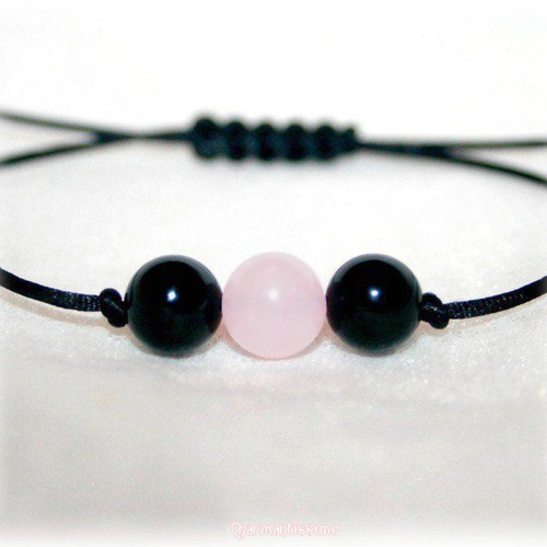 Bracelet perles pierres naturelles tourmaline noire, quartz rose, cordon noir ajustable * bijoux saint valentin