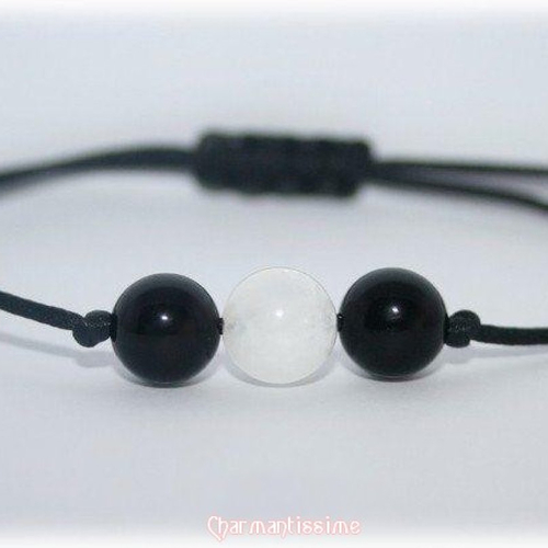 Bracelet pierres naturelles tourmaline noire, pierre de lune, cordon ajustable, bijou mariage mariée noir blanc