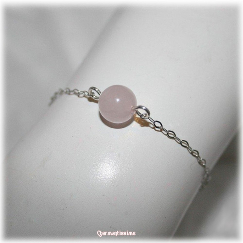 Bracelet perle pierre naturelle quartz rose, argent 925, bijoux mariage mariée minimaliste discret