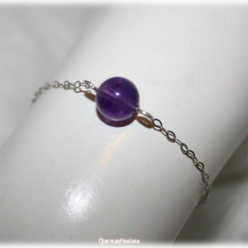 Bracelet perle pierre naturelle améthyste, argent 925, bijoux mariage mariée violet minimaliste discret