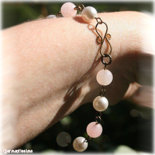 Bracelet pierres naturelles quartz rose, perles nacrées, chaine laiton bronze ethnique * bijoux saint valentin
