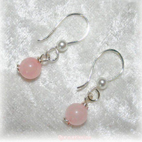 Boucles d'oreilles pendantes quartz rose, bijoux mariage mariée blanc rose * bijoux saint valentin