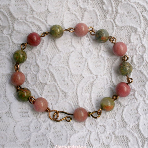Bracelet perles pierres naturelles unakite rhodonite chaine cuivre bronze, ethnique, elfique, wire-wrapping