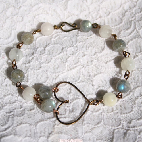 Bracelet perles naturelles labradorite, pierre de lune, coeur cuivre bronze, ethnique elfique, wire-wrapping * bijoux saint valentin