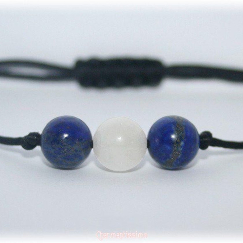 Bracelet perles naturelles lapis-lazuli, pierre de lune, cordon noir ajustable