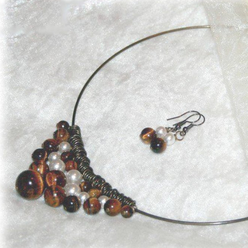 Parure collier plastron perles oeil de tigre, torque bronze, bijou ethnique pierres naturelles marron ivoire, triangle