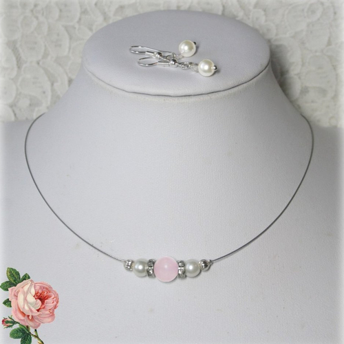 Parure mariage perles blanches, strass, quartz rose naturel, bijoux mariée tendance, collier bohème romantique shabby-chic, sur mesure