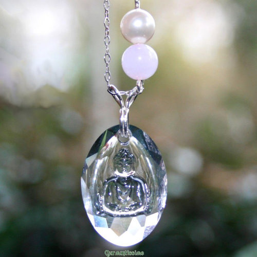 Collier pendentif bouddha cristal, argent 925, quartz rose, bijou perle pierre naturelle
