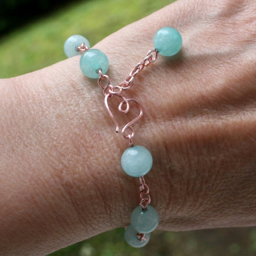Bracelet amazonite, coeur rose-gold "or rose", boho-chic, bijou perles pierres naturelles bleu turquoise