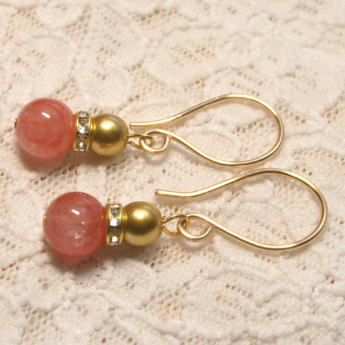 Boucles d'oreilles rhodochrosite, doré or, strass / bijoux mariage perles pierres naturelles