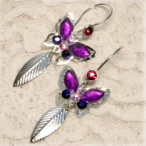 Boucles d'oreilles papillon violet, bleu, feuilles pendantes argentées