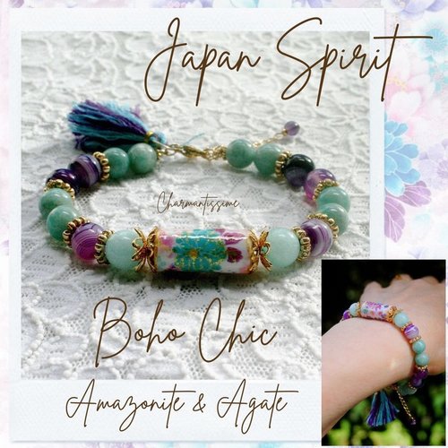 Bracelet perles naturelles bleu, violet, or style sakura