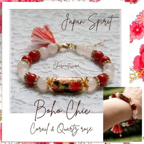 Bracelet unique fleur japon sakura, perles naturelles rouge, rose, or, bijou créateur corail femme