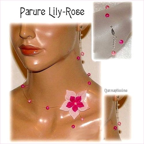 Parure "lily-rose" fleur rose et fuschia, perles nacrées * bijoux mariage faits main sur mesure (collier, bracelet, bo)