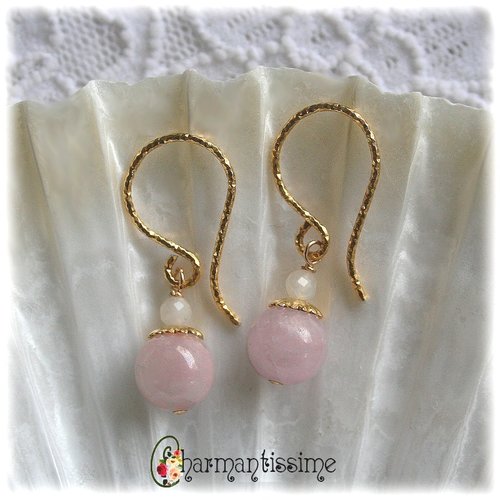 Bo perles kunzite / pierre de lune * saint valentin * bijoux boucles d'oreilles mariage rose/or